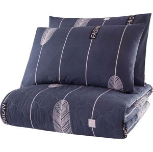 Modrý přehoz přes postel se 2 povlaky na polštář z ranforce bavlny EnLora Home Modena, 225 x 240 cm