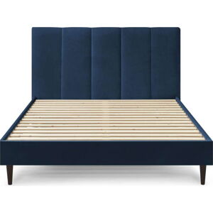 Tmavě modrá sametová dvoulůžková postel Bobochic Paris Vivara Velour, 160 x 200 cm