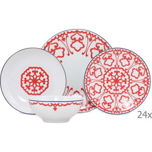 24dílný set bílého porcelánového nádobí s červeným vzorem Kütahya Porselen Desen