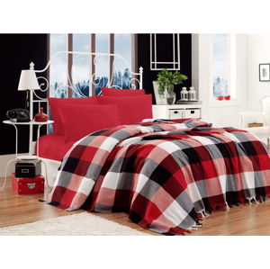 Set bavlněného přehozu přes postel, prostěradla a 2 povlaků na polštář Iskoc Red Black White, 200 x 240 cm