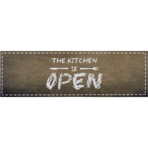 Hnědý běhoun Zala Living The Kitchen is Open, 50 x 150 cm