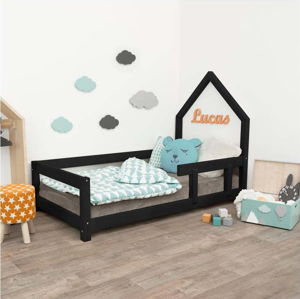 Černá dětská postel domeček s pravou bočnicí Benlemi Poppi, 90 x 160 cm