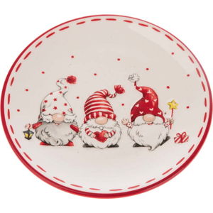 Červeno-bílý keramický talíř s motivem trpaslíků Dakls
