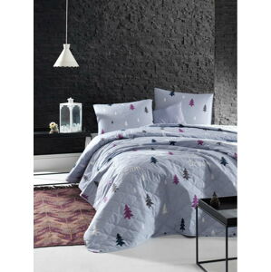 Modrý přehoz přes postel se 2 povlaky na polštář z ranforce bavlny EnLora Home Takeme, 225 x 240 cm