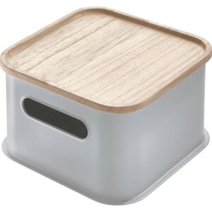 Šedý úložný box s víkem ze dřeva paulownia iDesign Eco Handled, 21,3 x 21,3 cm