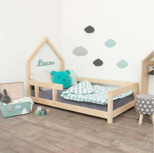 Přírodní dětská postel domeček s levou bočnicí Benlemi Lucky, 90 x 200 cm