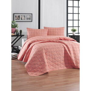Růžový přehoz přes postel s povlakem na polštář z ranforce bavlny EnLora Home Piga, 180 x 225 cm