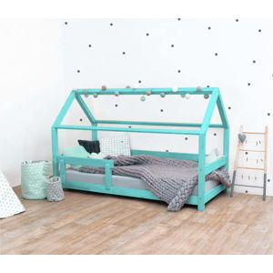 Tyrkysová dětská postel s bočnicí ze smrkového dřeva Benlemi Tery, 90 x 190 cm