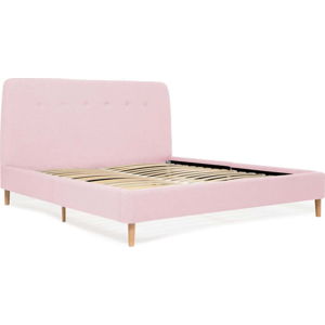 Pudrově růžová dvoulůžková postel s dřevěnými nohami Vivonita Mae, 140 x 200 cm