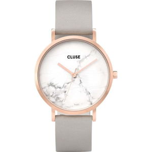 Dámské hodinky s šedým koženým řemínkem a mramorovým ciferníkem Cluse La Roche Rose
