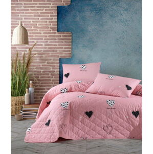 Růžový přehoz přes postel se 2 povlaky na polštář z ranforce bavlny EnLora Home Hati, 225 x 240 cm