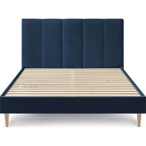 Tmavě modrá sametová dvoulůžková postel Bobochic Paris Vivara, 180 x 200 cm