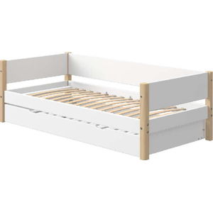 Bílá dětská postel s přírodními nohami a výsuvným lůžkem Flexa White Single, 90 x 200 cm