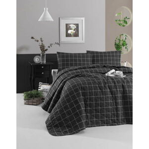 Černý přehoz přes postel s povlakem na polštář z ranforce bavlny EnLora Home Piga, 180 x 225 cm