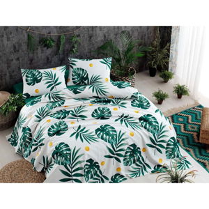 Set bavlněného přehozu přes postel, prostěradla a 2 povlaků na polštář Monstera Green, 200 x 235 cm