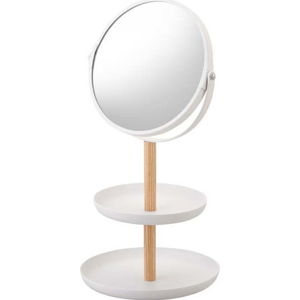 Bílé zrcadlo s úložnými miskami a detailem z bukového dřeva YAMAZAKI Tosca