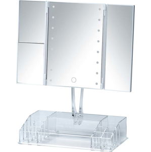 Bílé rozkládací kosmetické zrcadlo s LED podsvícením a organizérem na make-up Fanano