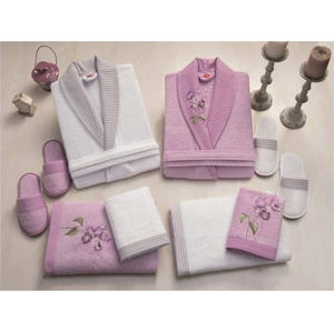 Set dámského a pánského županu, ručníků, osušek a 2 párů pantoflí v bílé a fialové barvě Family Bath