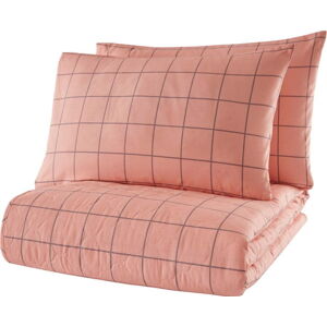 Růžový přehoz přes postel se 2 povlaky na polštář z ranforce bavlny EnLora Home Piga, 225 x 240 cm