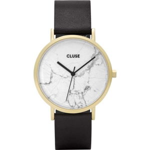 Dámské hodinky s černým koženým řemínkem a bílým mramorovým ciferníkem Cluse La Roche Star