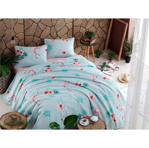 Set bavlněného přehozu přes postel, prostěradla a 2 povlaků na polštář Flamenco Mint, 200 x 235 cm