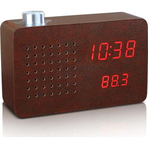 Tmavě hnědý budík s červeným LED displejem a rádiem Gingko Radio Click Clock