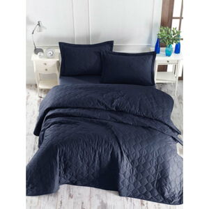 Tmavě modrý přehoz přes postel se 2 povlaky na polštář z ranforce bavlny EnLora Home Fresh, 225 x 240 cm