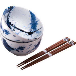 Set 2 modro-bílých keramických misek a jídelních hůlek MIJ