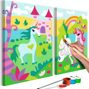 DIY set na tvorbu vlastního dvoudílného obrazu na plátně Artgeist Fairytale Unicorns, 33 x 23 cm
