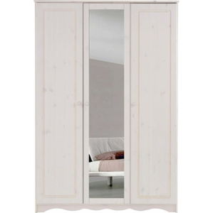 Bílá třídveřová šatní skříň se zrcadlem z masivního borovicového dřeva Støraa Amanda