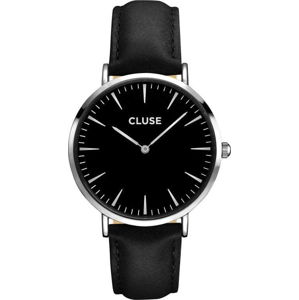 Dámské hodinky s černým koženým řemínkem a černým ciferníkem Cluse La Bohéme